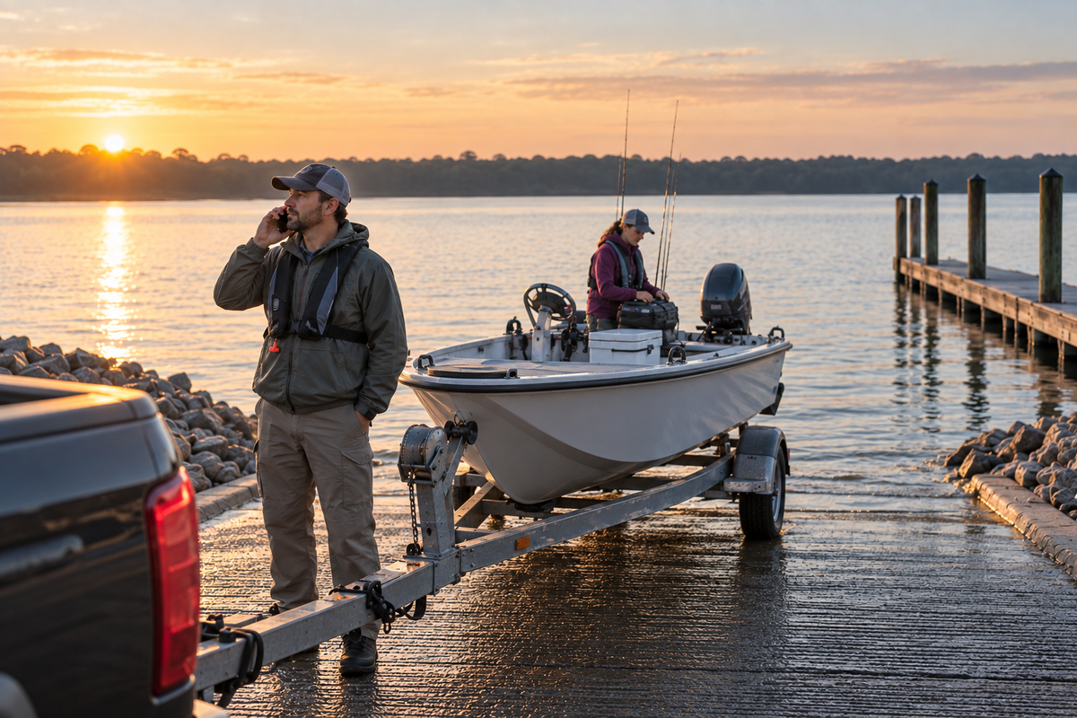 Angler calls a trusted contact beside a fishing boat before launching at sunrise.