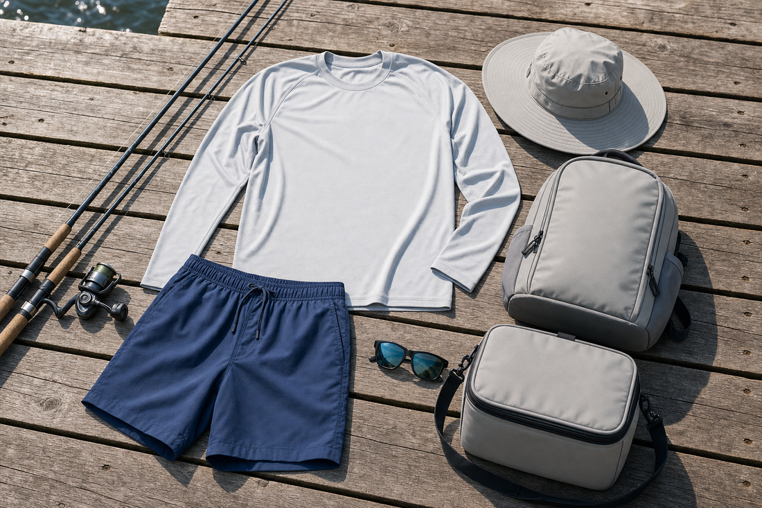 Flat lay of coastal fishing trip packing essentials on a dock