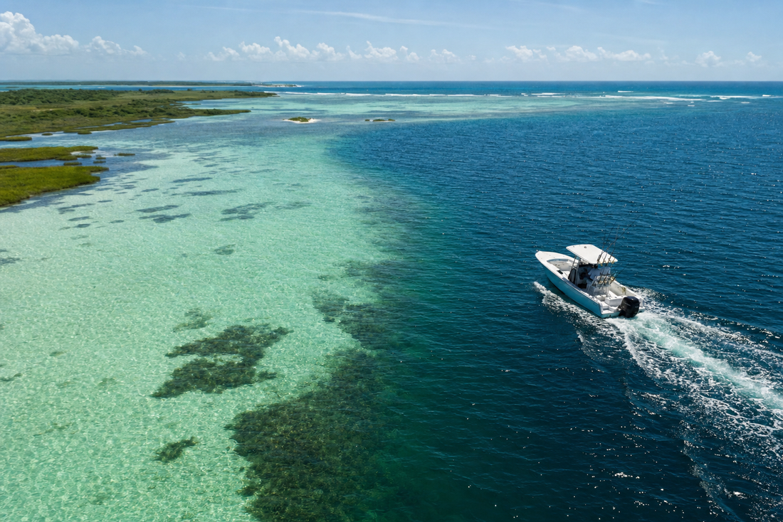 Fishing boat running from shallow flats into open offshore water