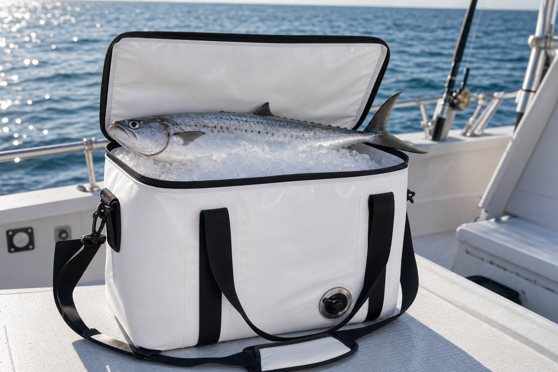Open insulated fish cooler bag packed with ice and a fresh catch on a boat