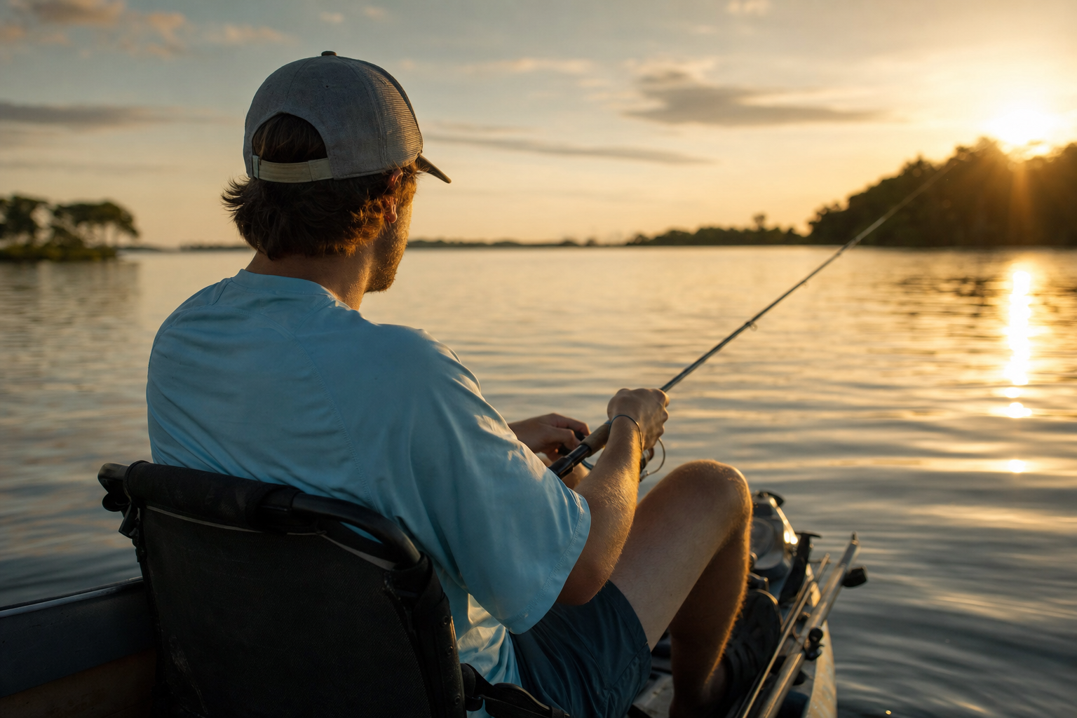 Angler fishing from a kayak at golden hour wearing a light fishing shirt