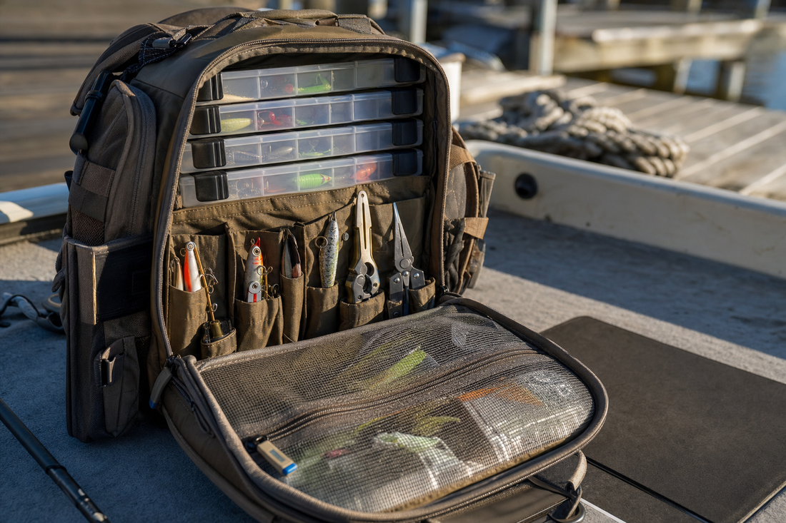 Organized tackle backpack open on a dock with tackle boxes and tools