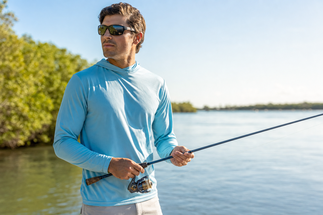 Angler wearing a UPF sun protection fishing shirt while fishing on the water