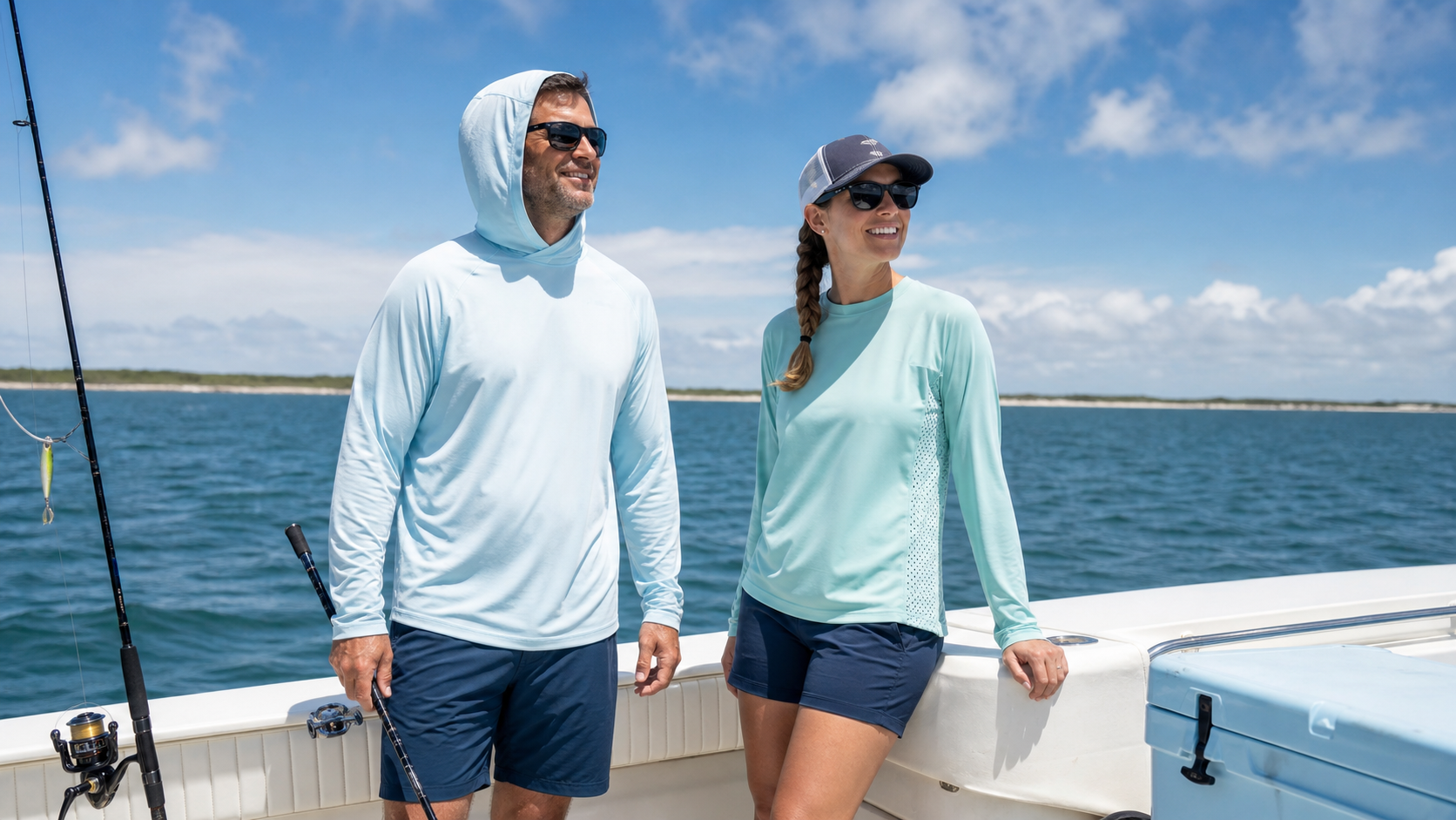 Two anglers wearing hooded and crew-neck sun-protective fishing shirts