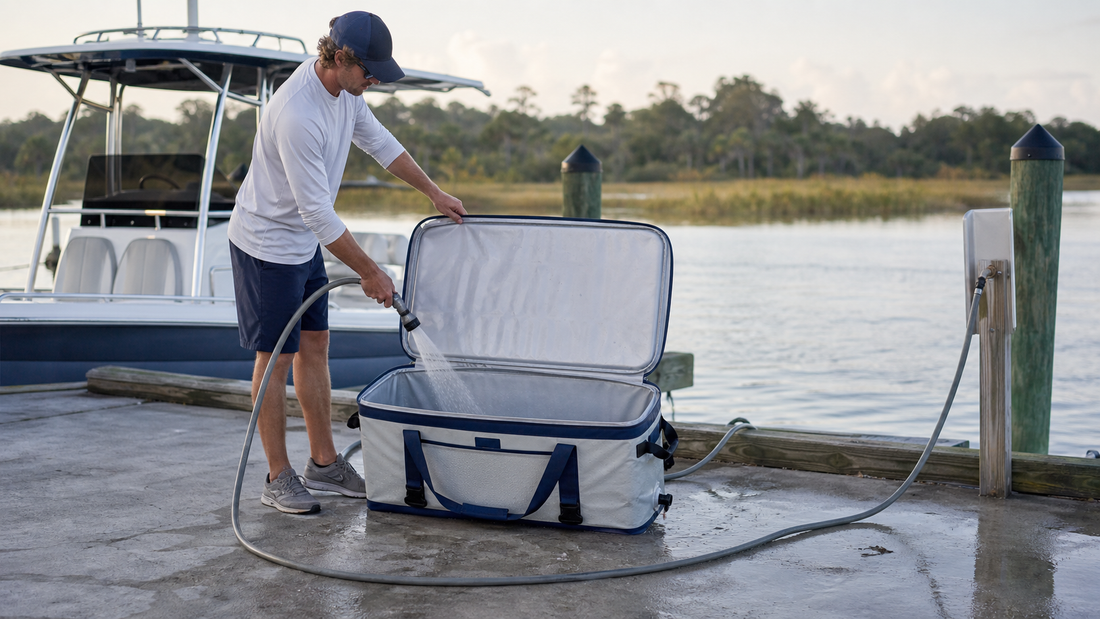 Angler rinsing an open insulated fish cooler bag with fresh water