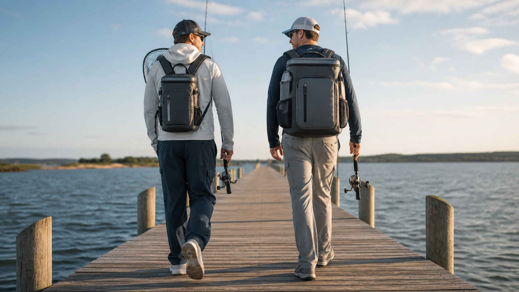 Two anglers carrying different sizes of insulated fishing backpacks