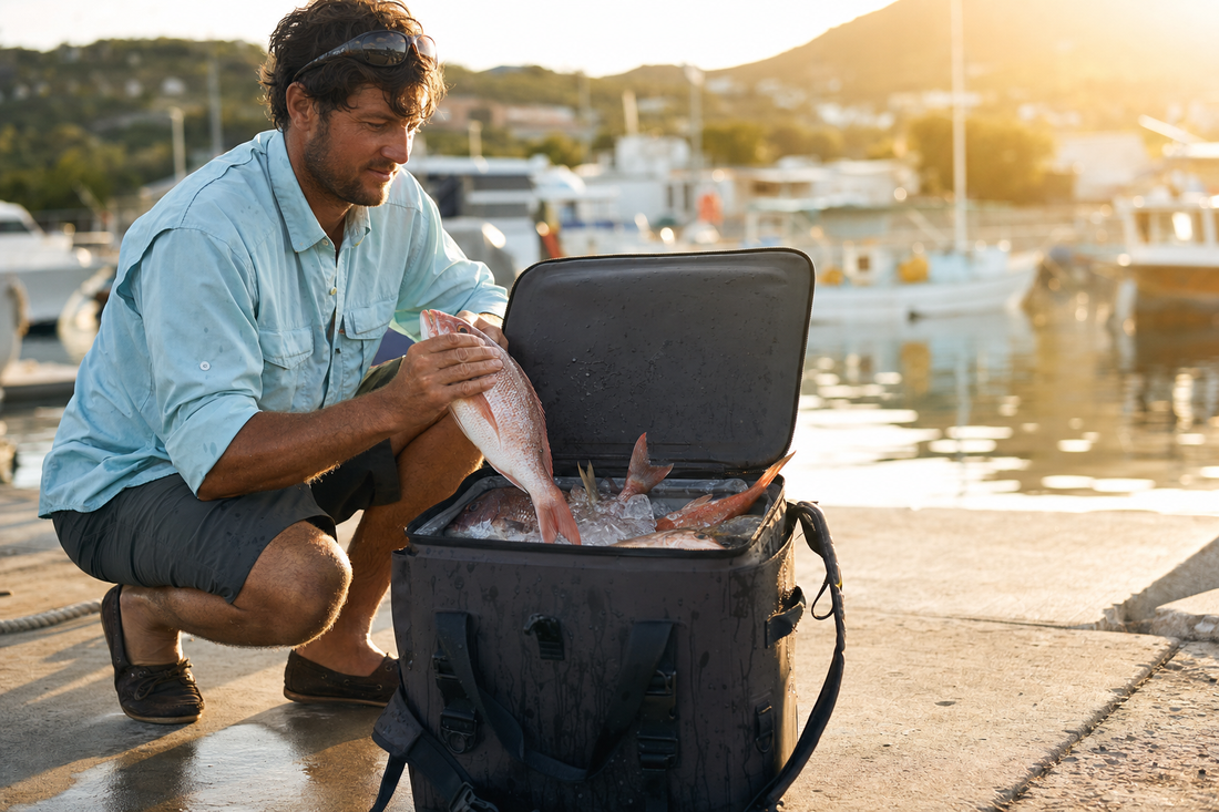 Angler placing fresh catch on ice inside an insulated fish cooler bag on a dock at sunset