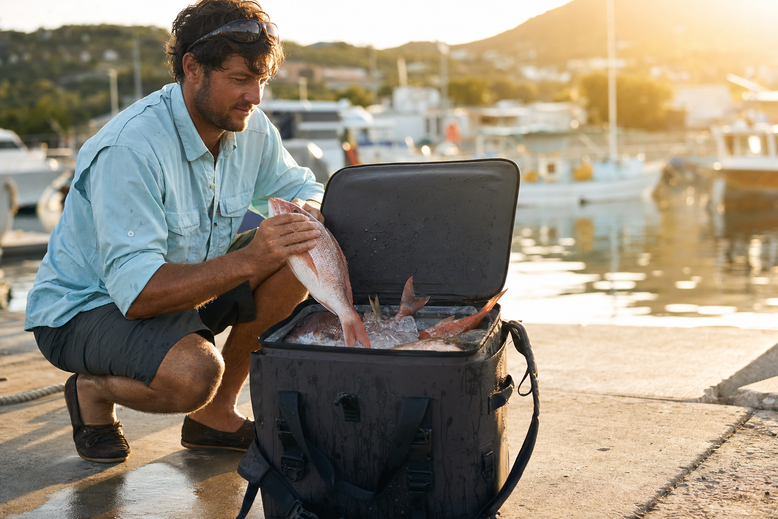 Angler placing fresh catch on ice inside an insulated fish cooler bag on a dock at sunset