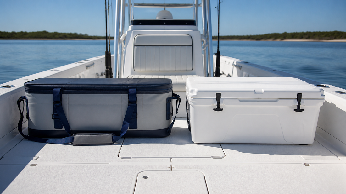 Soft fish cooler bag and hard cooler compared on a fishing boat