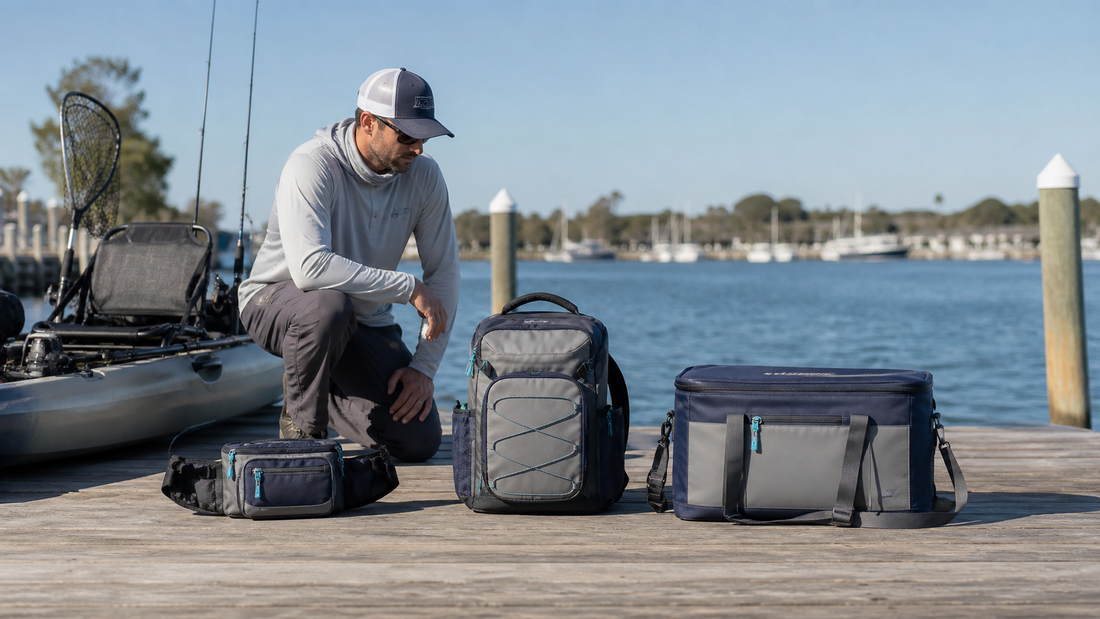 Fish cooler bag sizes shown on a marina dock