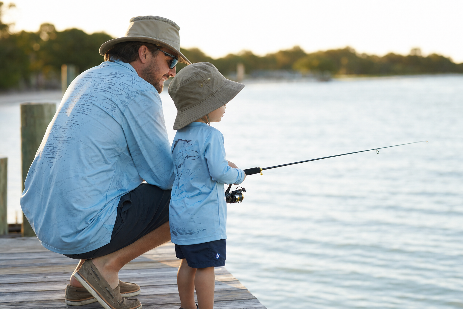Parent and child in long-sleeve fishing shirts fishing together off a dock