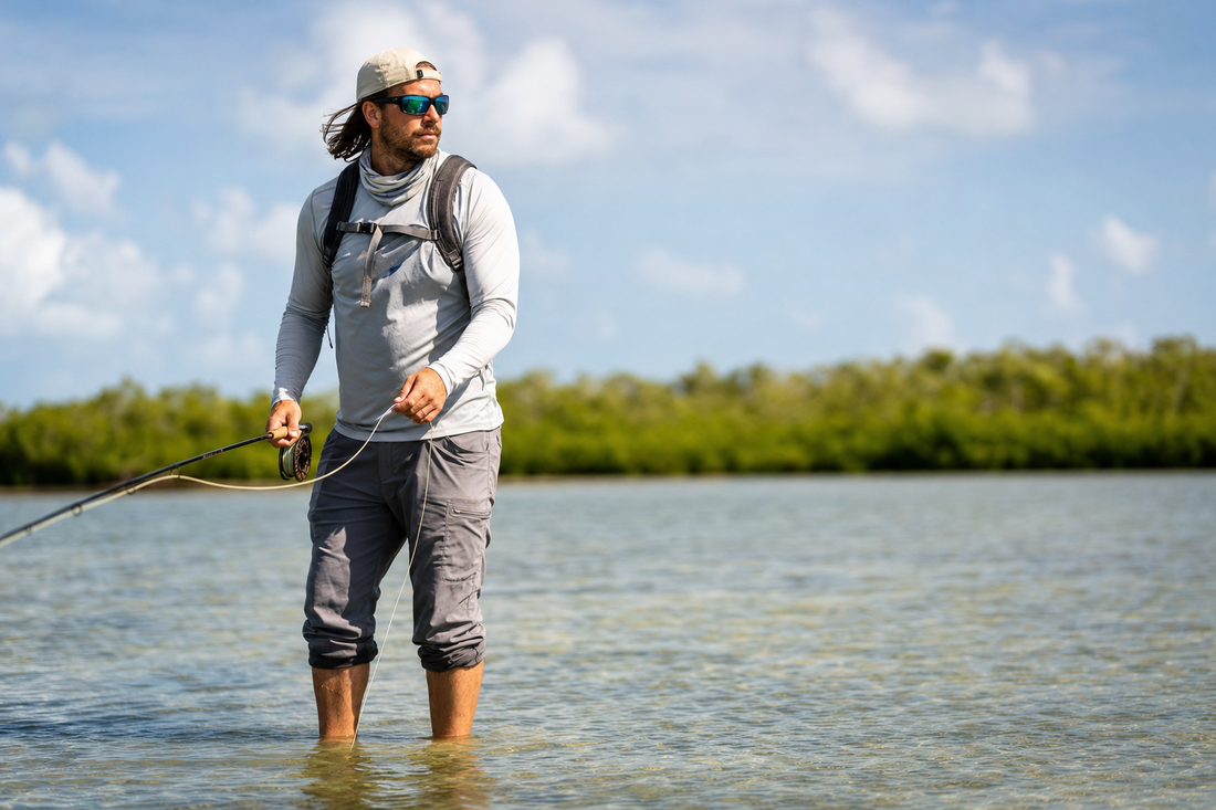 Angler wearing polarized sunglasses sight-fishing on shallow saltwater flats