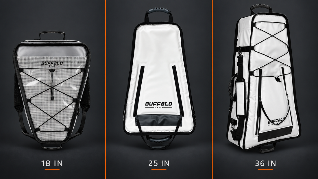 Current 18-inch, 25-inch, and 36-inch Buffalo Gear kayak fish cooler bags shown together for size comparison.
