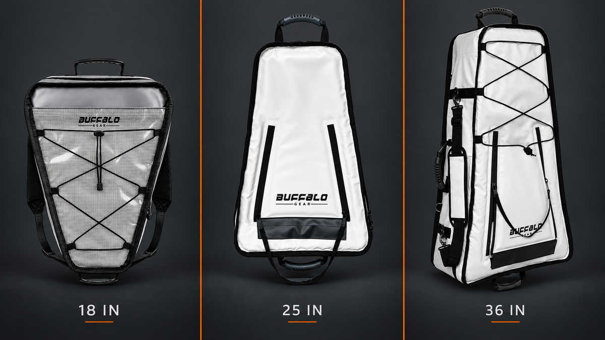 Current 18-inch, 25-inch, and 36-inch Buffalo Gear kayak fish cooler bags shown together for size comparison.