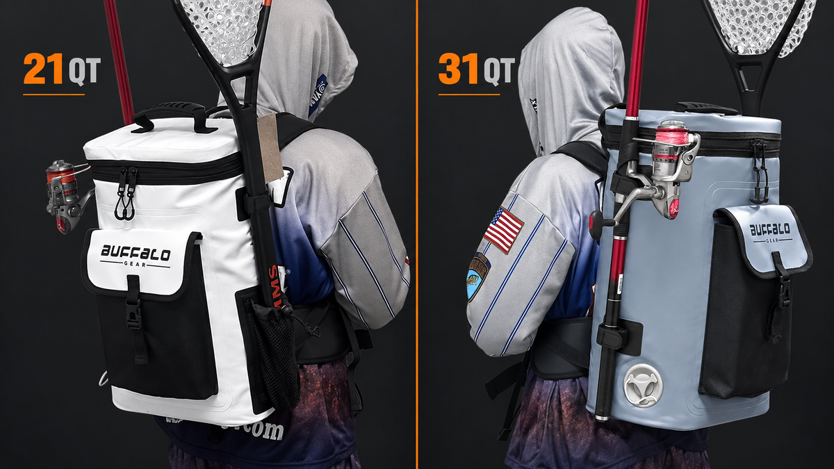 Current 21QT and 31QT Buffalo Gear fish cooler backpacks shown side by side.