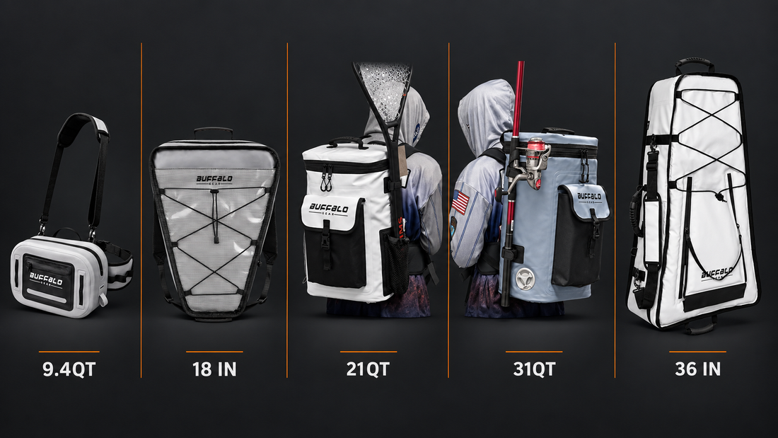 Current TideForge-listed fishing storage shown from compact waist pack through larger backpack and kayak cooler formats.