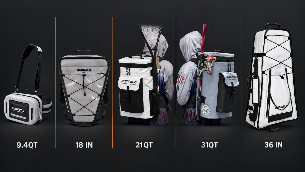 Current TideForge-listed fishing storage shown from compact waist pack through larger backpack and kayak cooler formats.