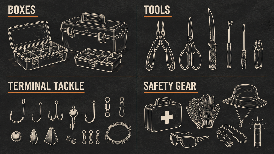 Editorial tackle-organization checklist arranged by boxes, tools, terminal tackle, and safety gear; no product is depicted.