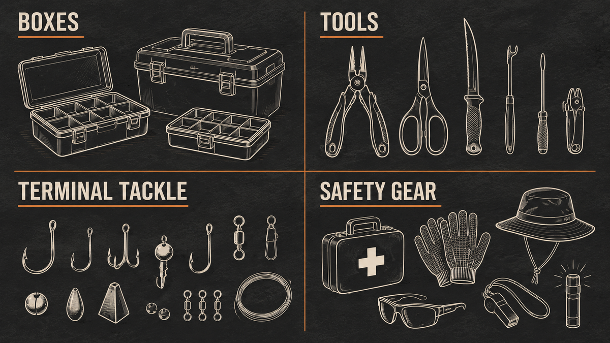Editorial tackle-organization checklist arranged by boxes, tools, terminal tackle, and safety gear; no product is depicted.