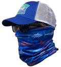 Blue Fish & Stripes face and neck fishing gaiter shown worn with a cap and sunglasses