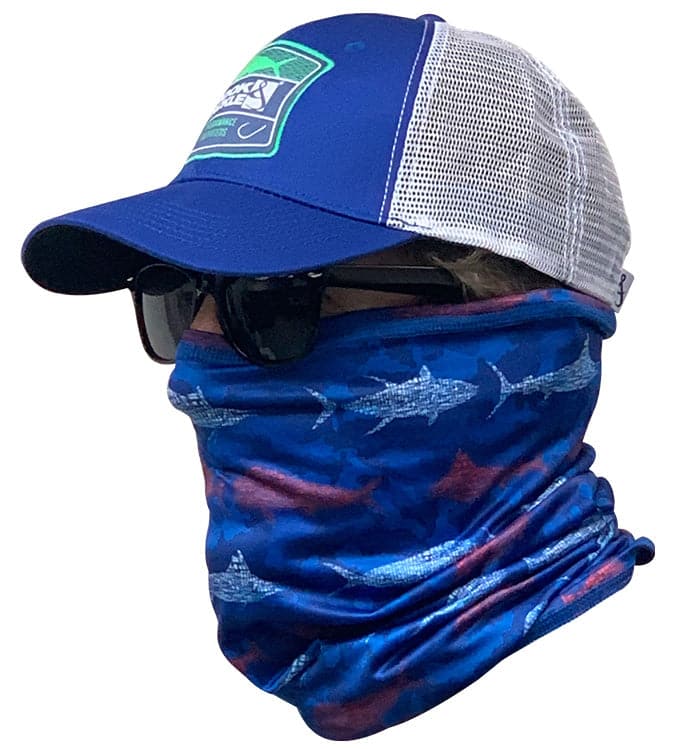 Blue Fish & Stripes face and neck fishing gaiter shown worn with a cap and sunglasses
