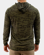 Back view of men’s Preserve olive camo fishing hoodie with hood