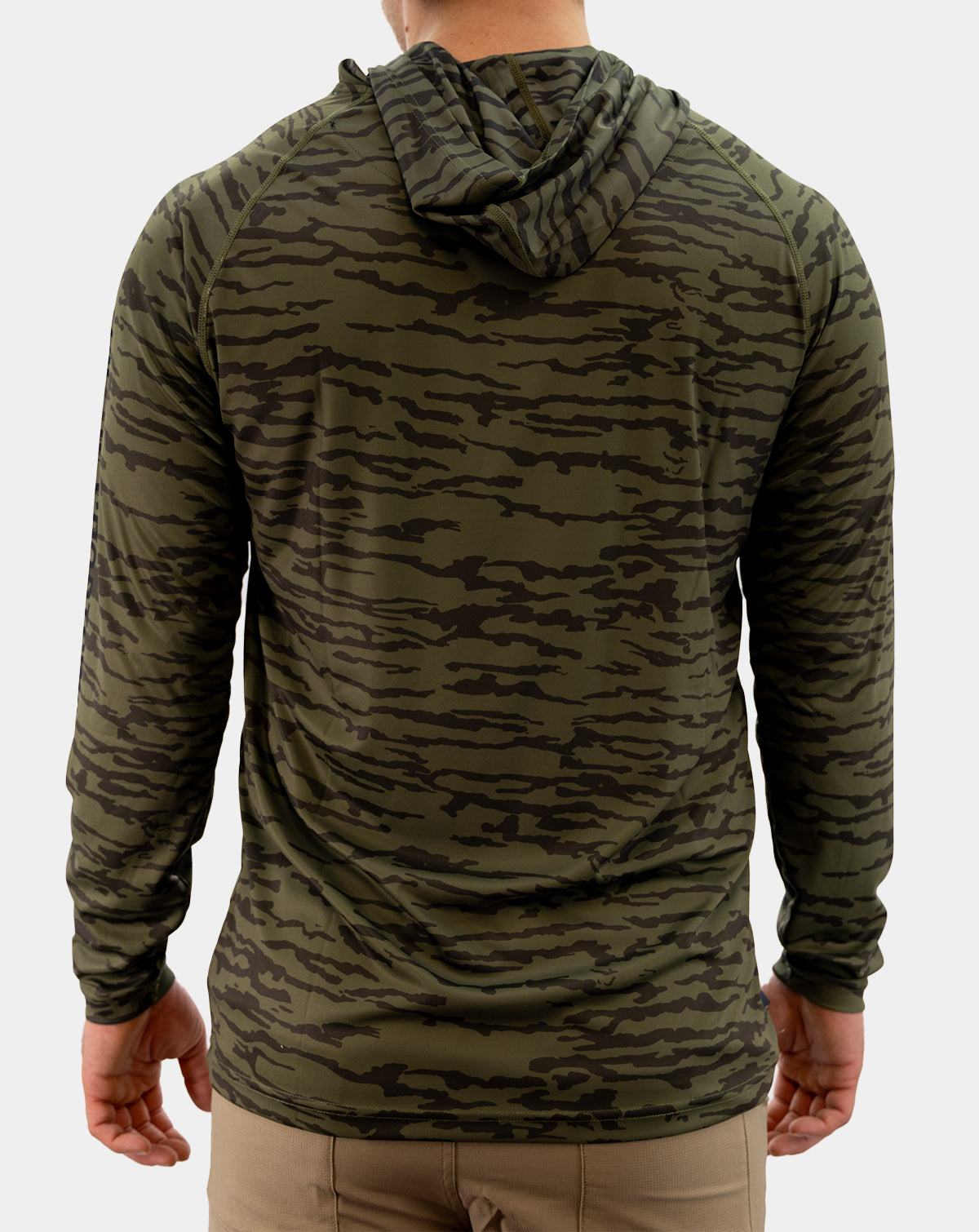 Back view of men’s Preserve olive camo fishing hoodie with hood