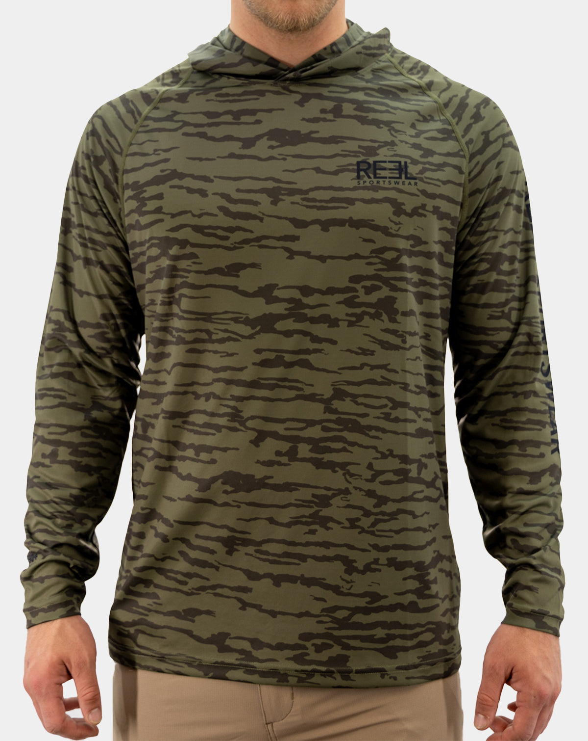 Front view of men’s Preserve UPF 50+ fishing hoodie in olive camouflage