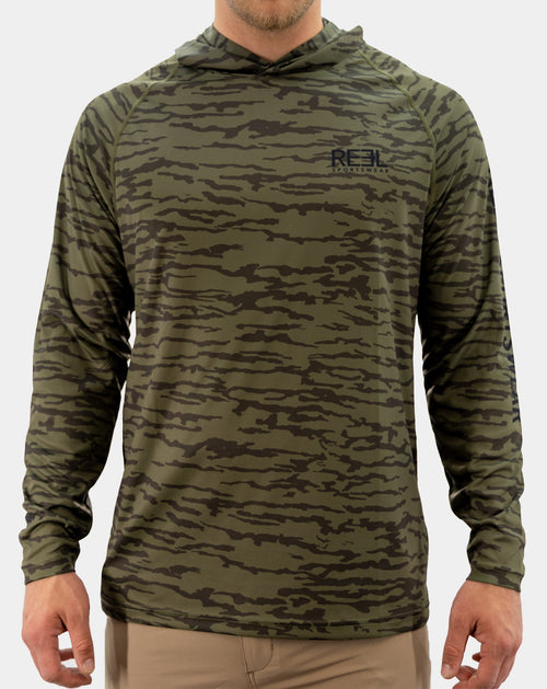 Front view of men’s Preserve UPF 50+ fishing hoodie in olive camouflage