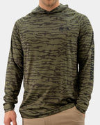 Three-quarter front view of men’s Preserve olive camo fishing hoodie