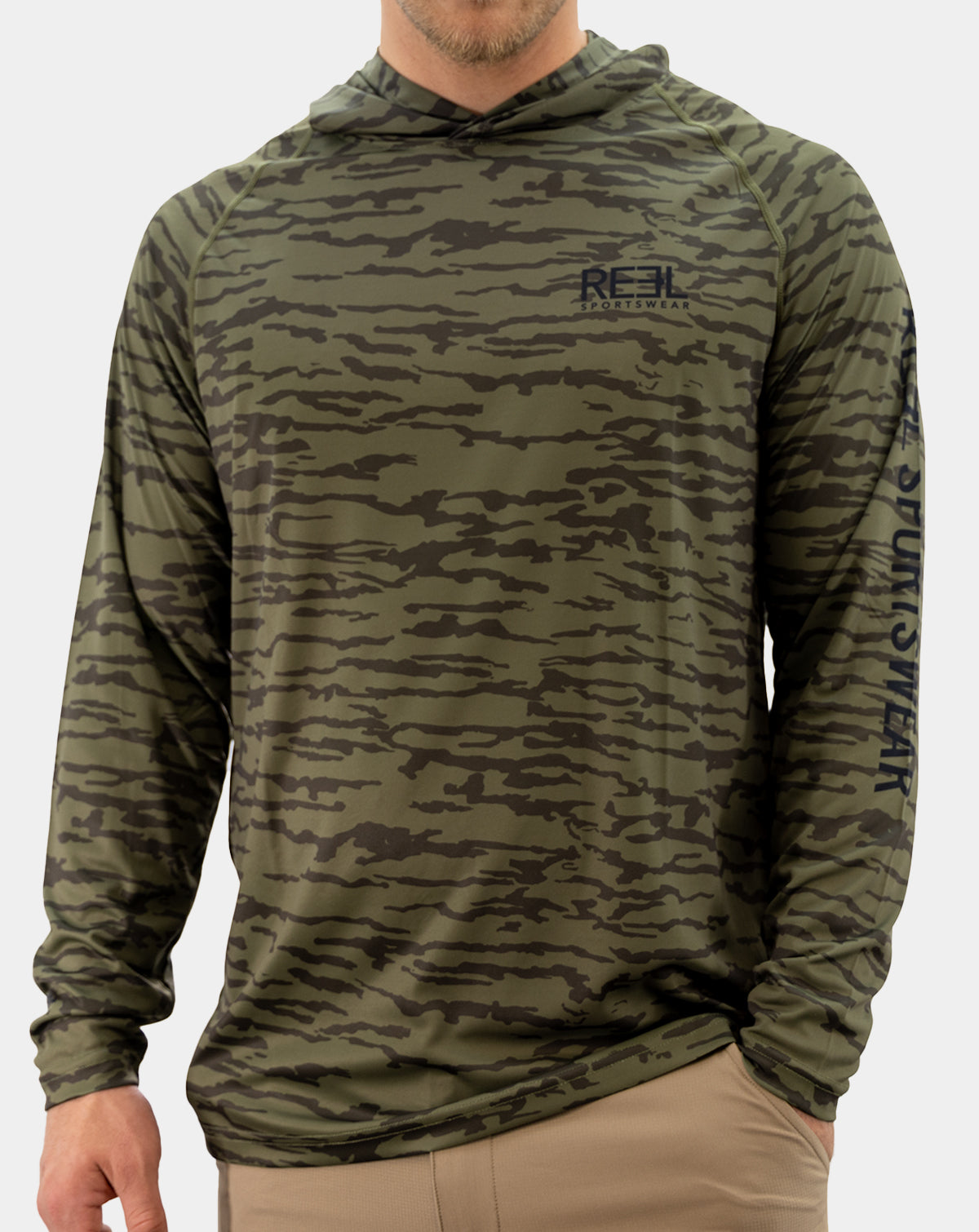 Three-quarter front view of men’s Preserve olive camo fishing hoodie
