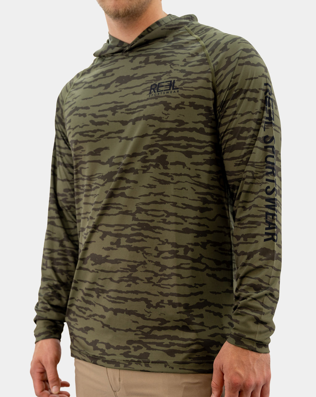 Closer three-quarter view of men’s Preserve UPF 50+ olive camo hoodie