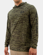 Closer three-quarter view of men’s Preserve UPF 50+ olive camo hoodie