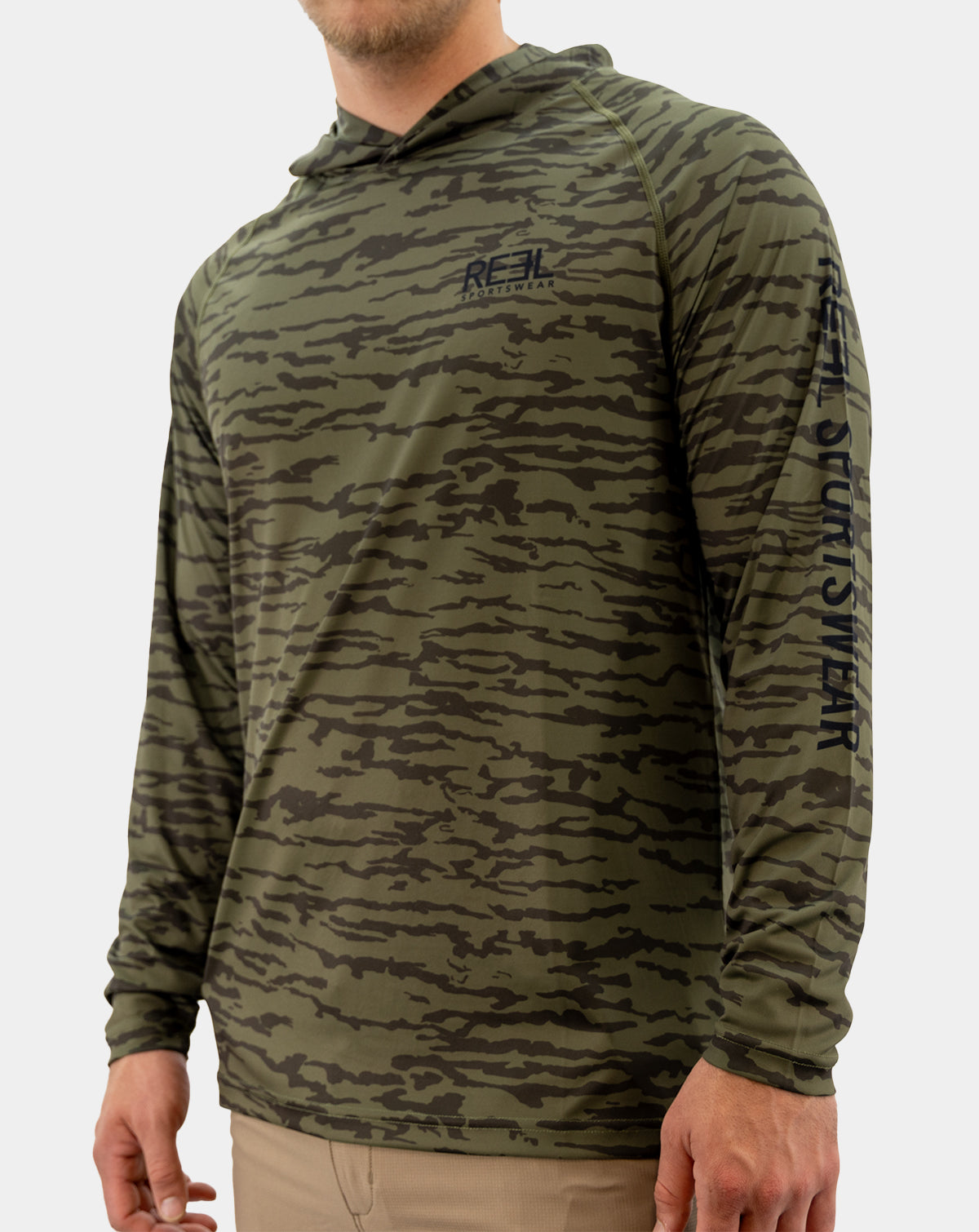 Closer three-quarter view of men’s Preserve UPF 50+ olive camo hoodie