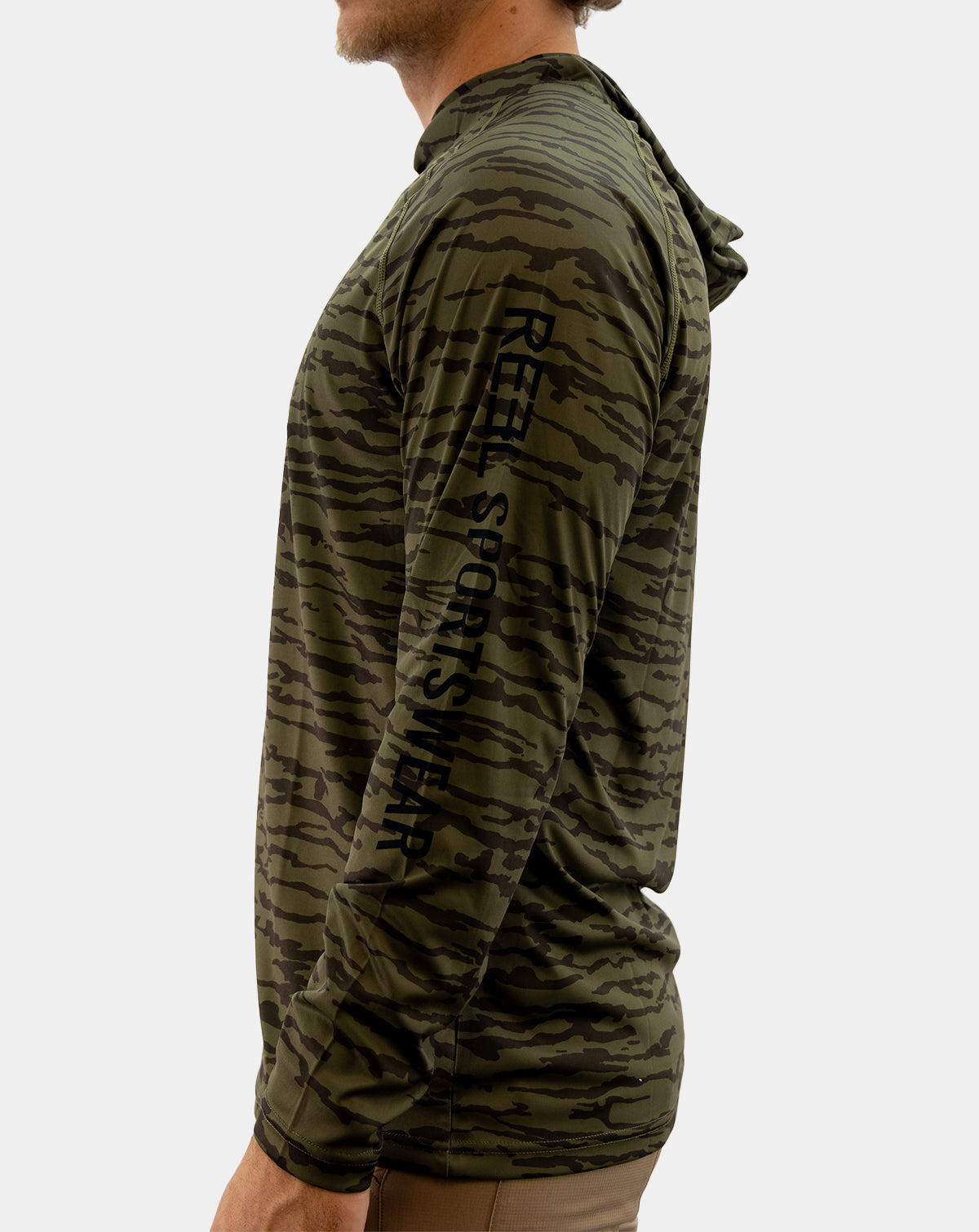 Side view of men’s Preserve olive camo fishing hoodie with Reel Sportswear sleeve lettering
