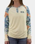 Front view of women’s Erin UPF 50+ Henley fishing shirt in blue and orange tropical print