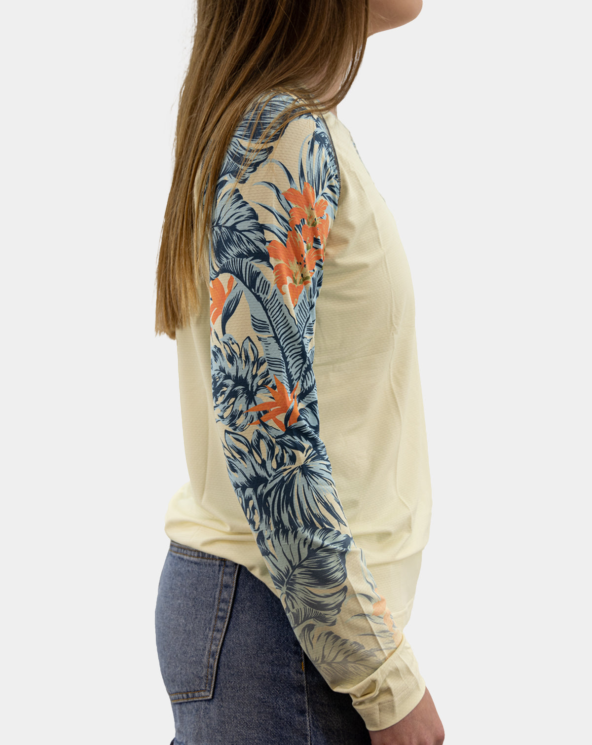 Right-side view of women’s Erin long-sleeve fishing shirt with tropical-print sleeves